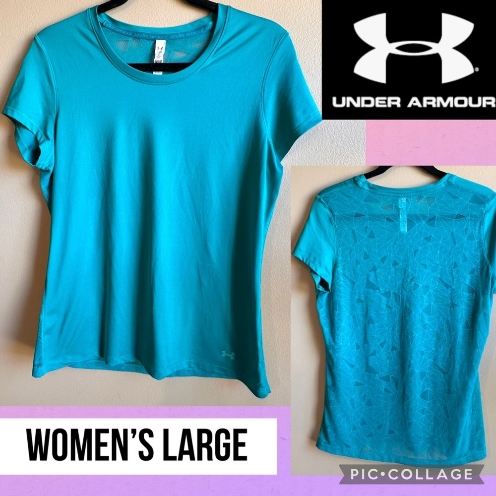 UNDER ARMOUR Womens Shirt See It Through Semi-Sheer Geometric Back Sonic Teal L